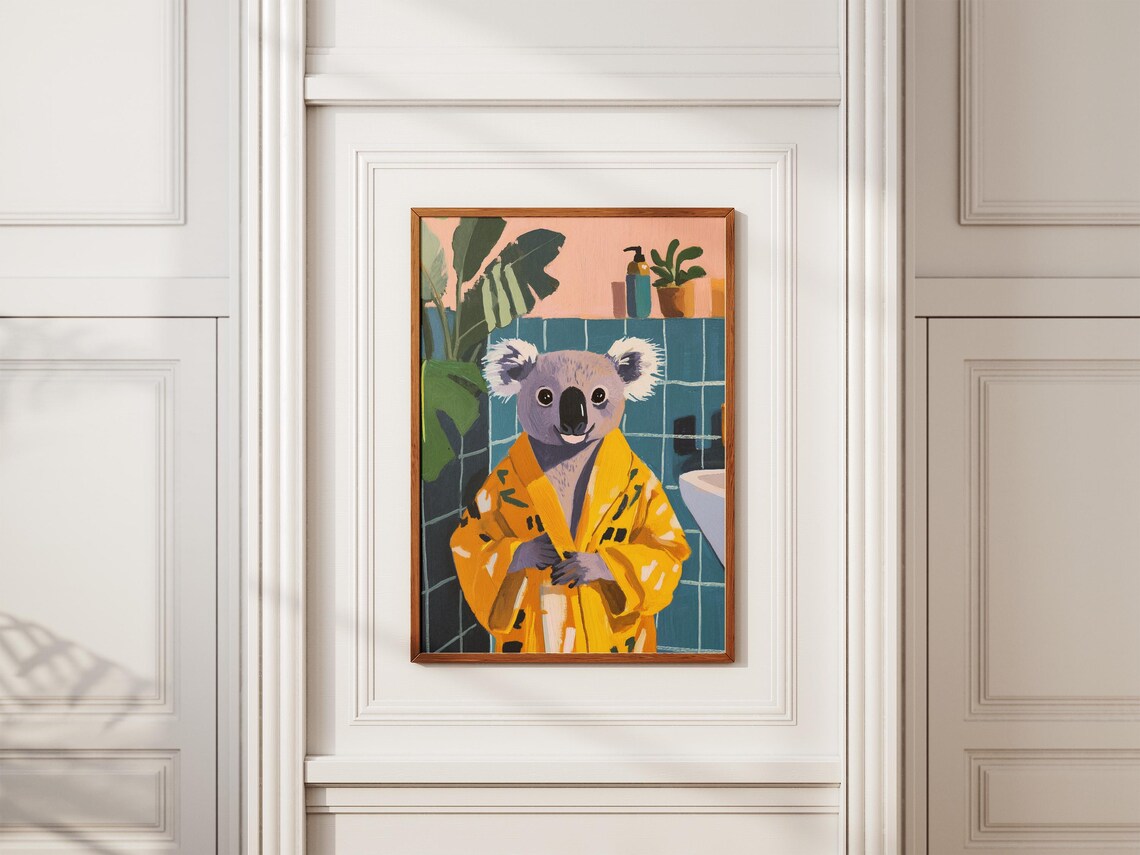 Cute Koala in Yellow Bathrobe Colorful Bathroom Humor Art Poster - Image 2