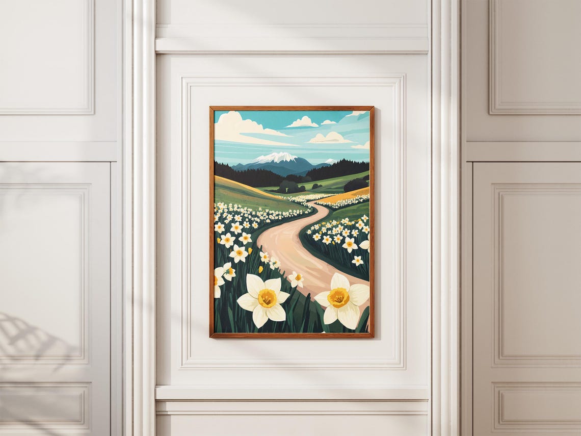 Countryside Road Through White Daffodil Fields Poster Snowy Mountain - Image 2
