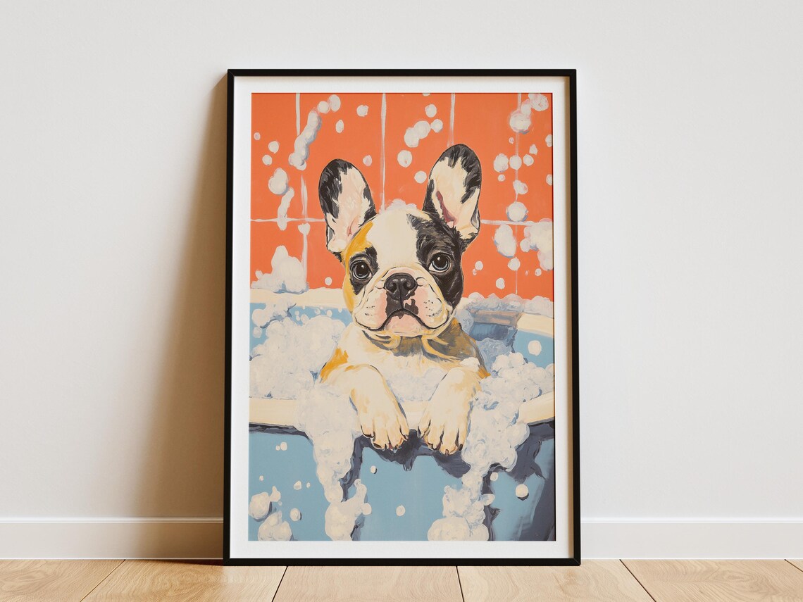 French Bulldog Puppy Bubble Bath Orange Pop Art Style Poster
