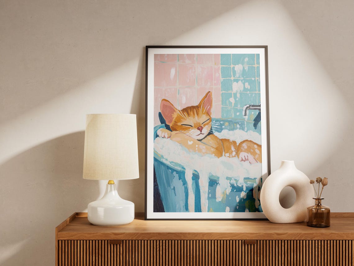 Cozy Cute Sleepy Orange Cat Bubble Bath Blue Tub Pastel Poster - Image 4