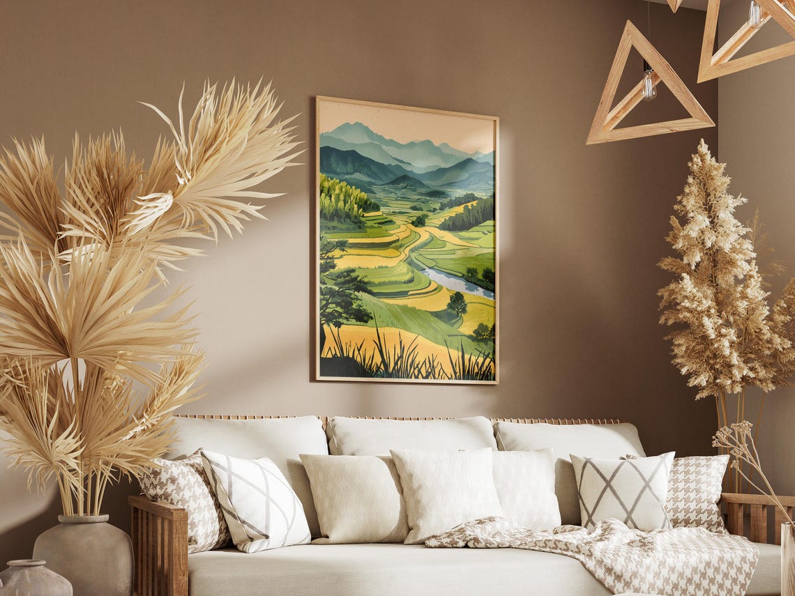 Green Rice Paddy Valley Distant Mountain Peaks Landscape Poster - Image 3
