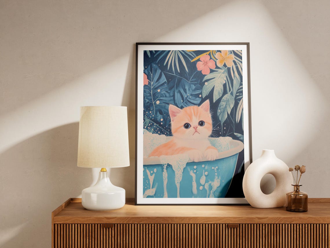 Orange Kitten Bubble Bath Dark Tropical Floral Leaves Art Poster - Image 4