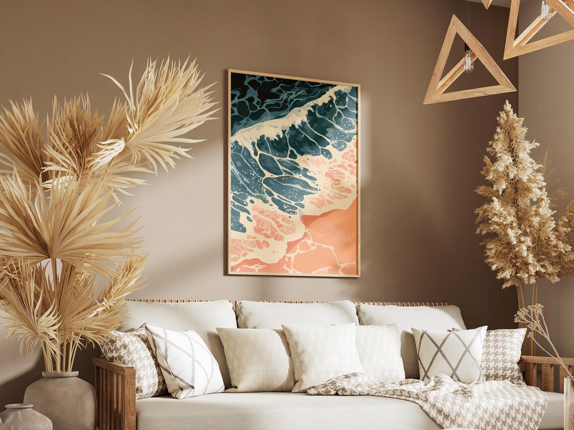 Aerial Ocean Foam Swirls in Teal and Peach on a Sandy Shore Poster - Image 3