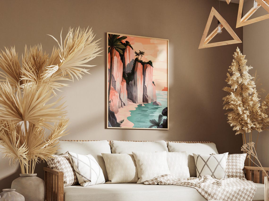 Pink Cliffs And Palm Cove With Turquoise Sea Tropical Poster - Image 3
