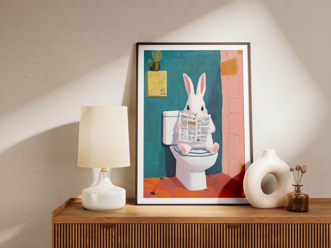 White Rabbit Reading Newspaper On Teal Toilet Bathroom Poster - Image 5