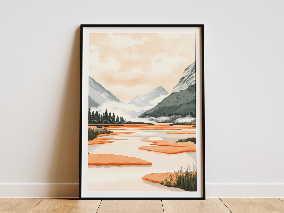 Misty Orange Lake Between Foggy Pine-Covered Mountains Poster