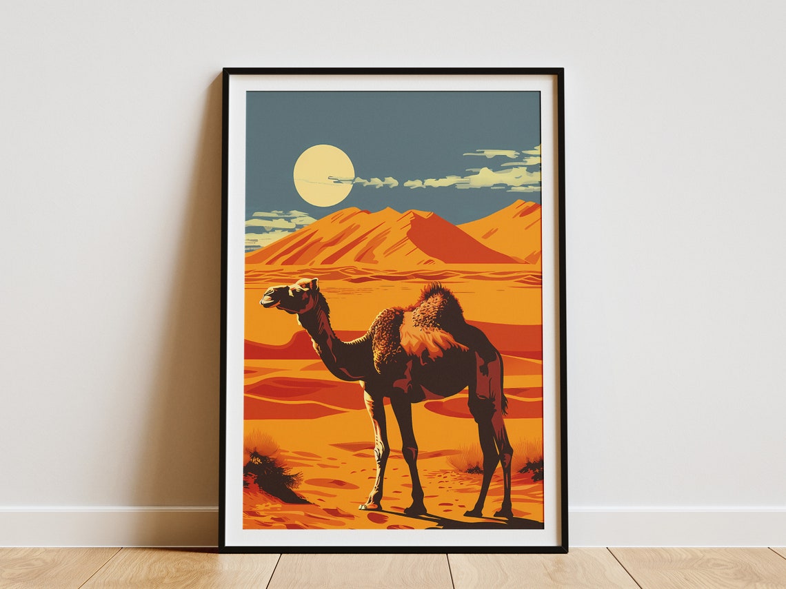 Camel Desert Sunset Vintage Mid Century Modern Dune Landscape Poster