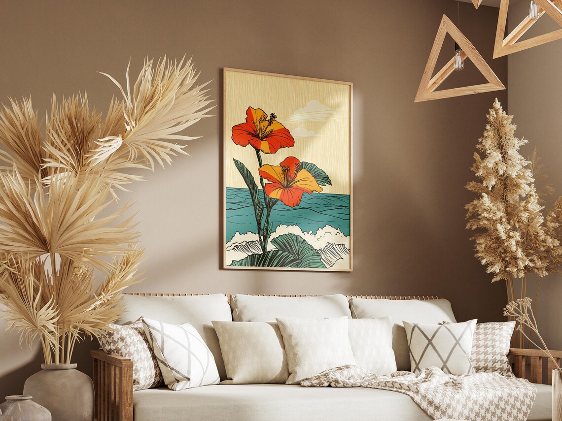 Vivid Orange Hibiscus Flowers Blooming Over Teal Ocean Waves Poster - Image 3