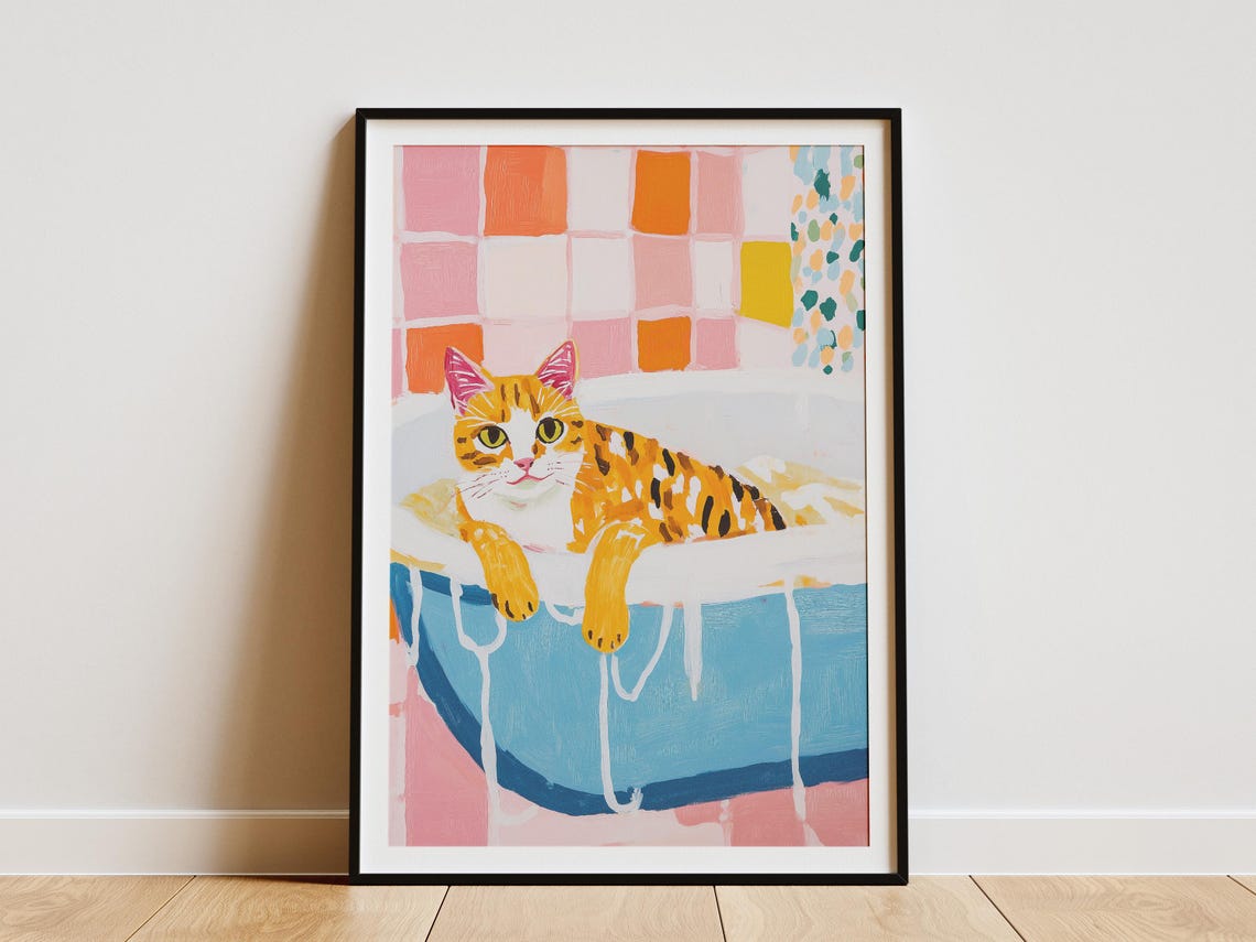 Savannah Cat Bubble Bath Colorful Pink Orange Tile Art Poster