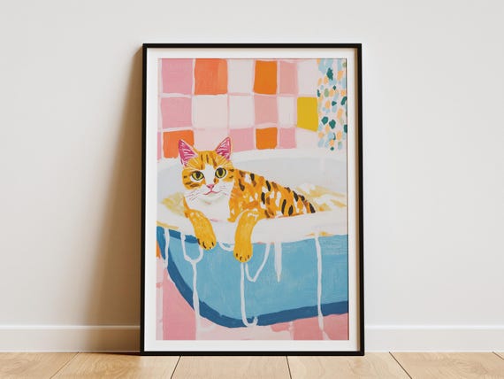 Savannah Cat Bathtub Poster Bathroom Art Print Funny Foamy Quirky Home Decor Whimsical Colorful Wall