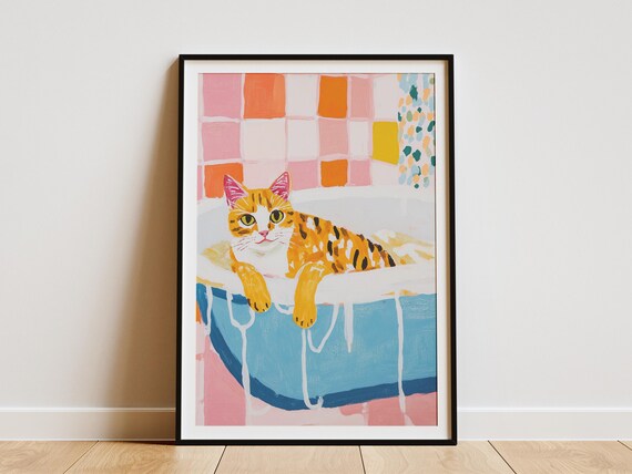 Savannah Cat Bubble Bath Colorful Pink Orange Tile Art Poster