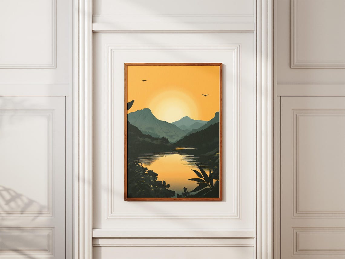 Golden Sunset Mountain Lake Silhouettes Birds Serene Nature Poster - Image 2