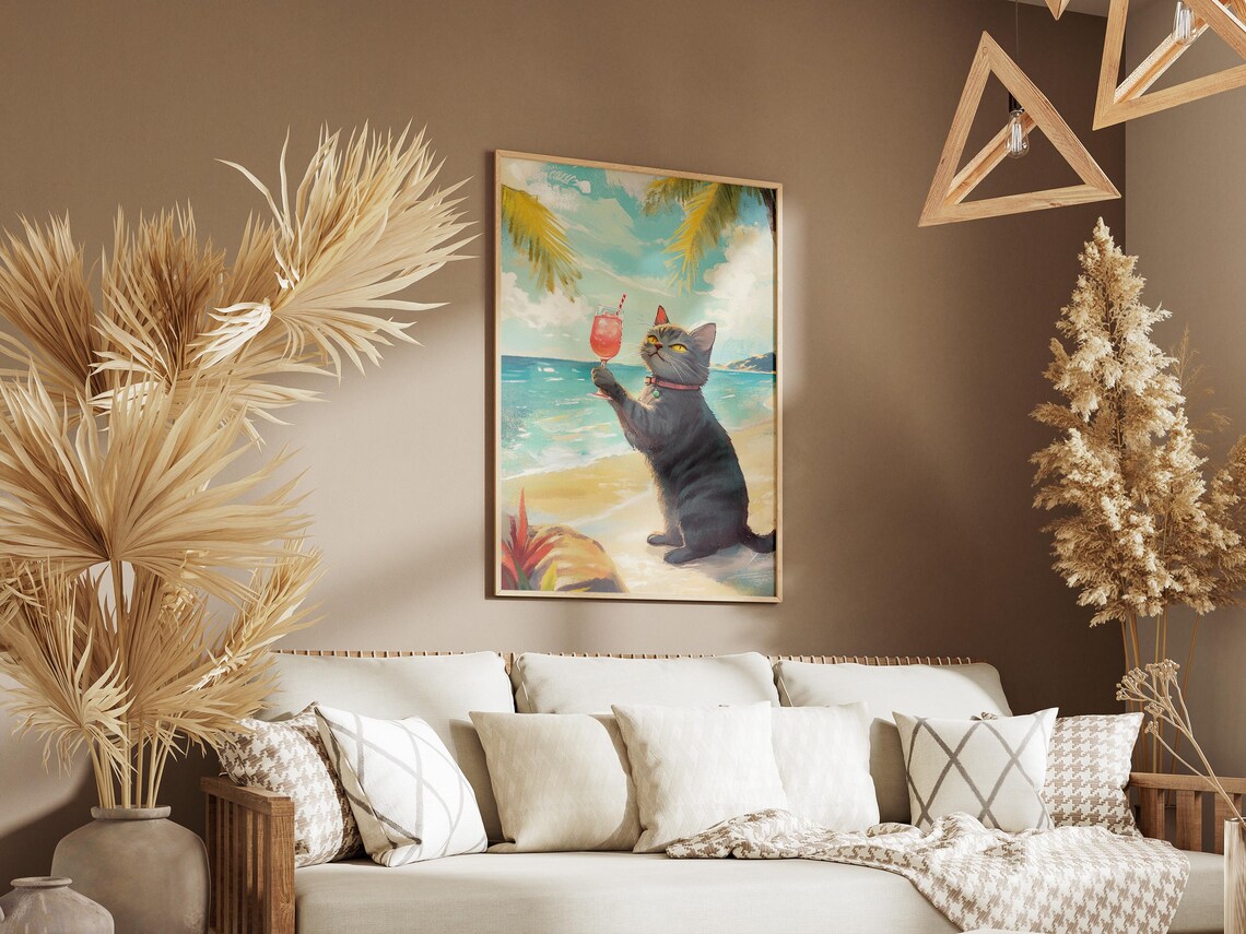 Adorable Grey Tabby Cat Holding Pink Cocktail On The Beach Poster - Image 3