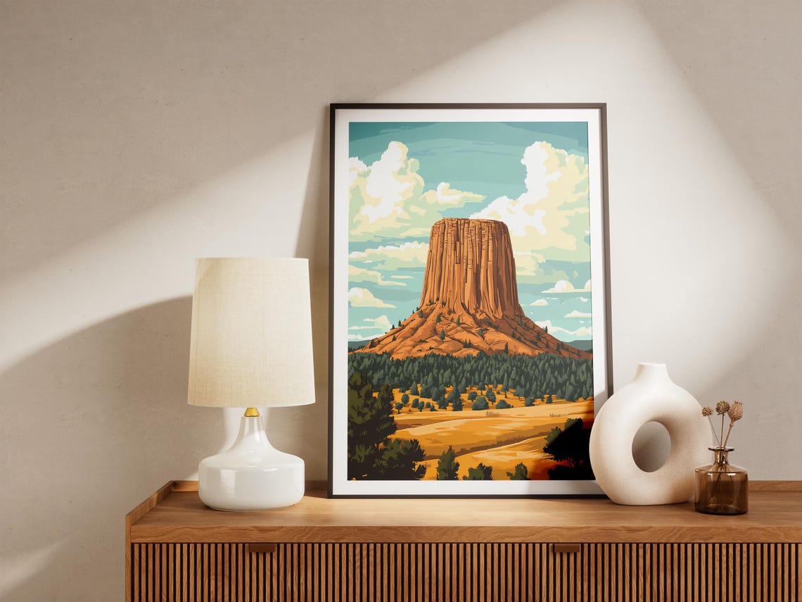 Devils Tower Wyoming Orange Butte Golden Prairie Landscape Poster - Image 5