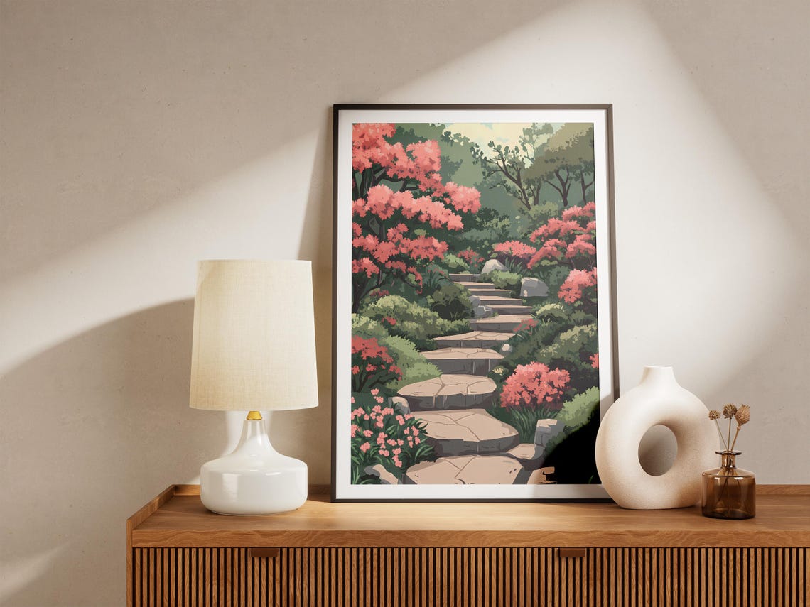 Stone Steps Japanese Garden Azalea Bloom Serene Landscape Poster - Image 5