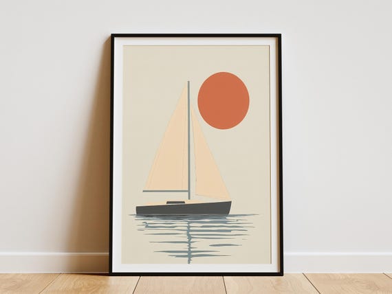 Sailboat Sunset Ocean Poster Modern Nautical Wall Art Calm Sea Print Abstract Beach Decor Summer Home Decor Geometric Yacht