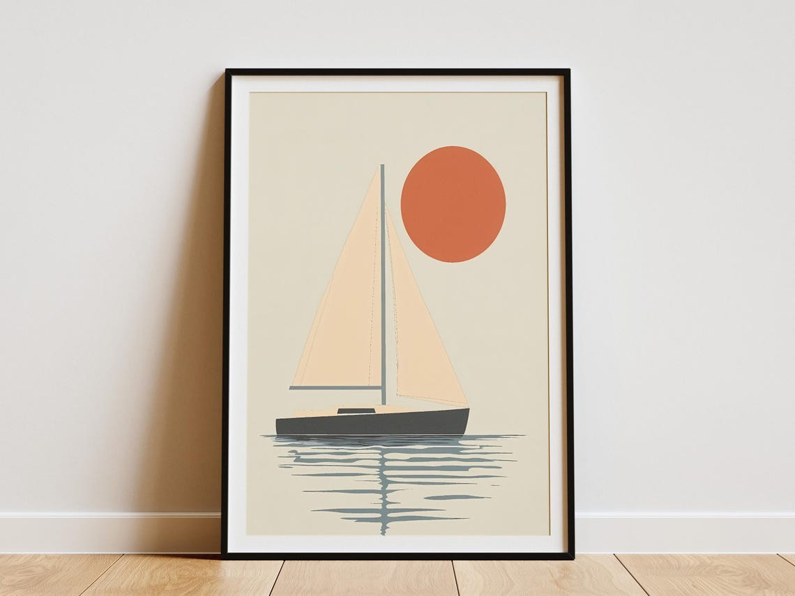 Minimalist Sailboat Drifting Under a Burnt Orange Sun Nautical Poster