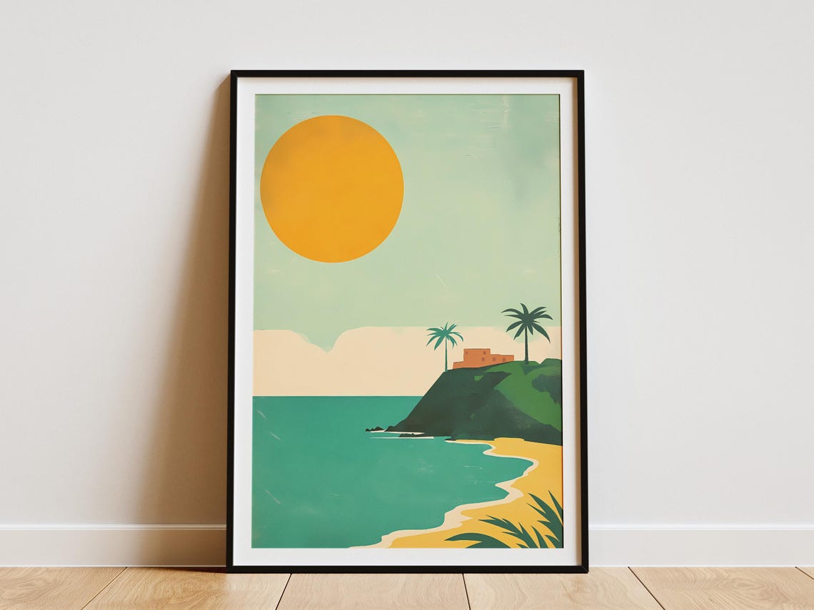 Minimalist Beach Giant Sun Teal Sea Green Headland Sunset Poster