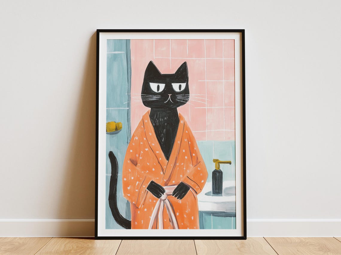 Black Cat in Orange Polka Dot Bathrobe Quirky Bathroom Art Poster