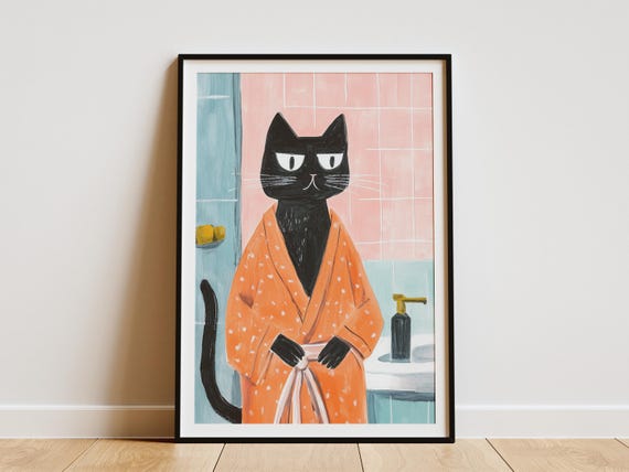 Norwegian Forest Cat Bathrobe Bathroom Art Print Lover Gift Funny Poster Wall Decor Quirky Home