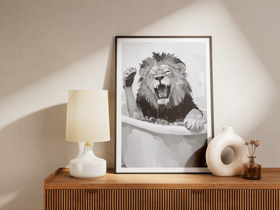 Lion In Bathtub Poster Funny Yawning Lion Bathroom Wall Decor - Image 4