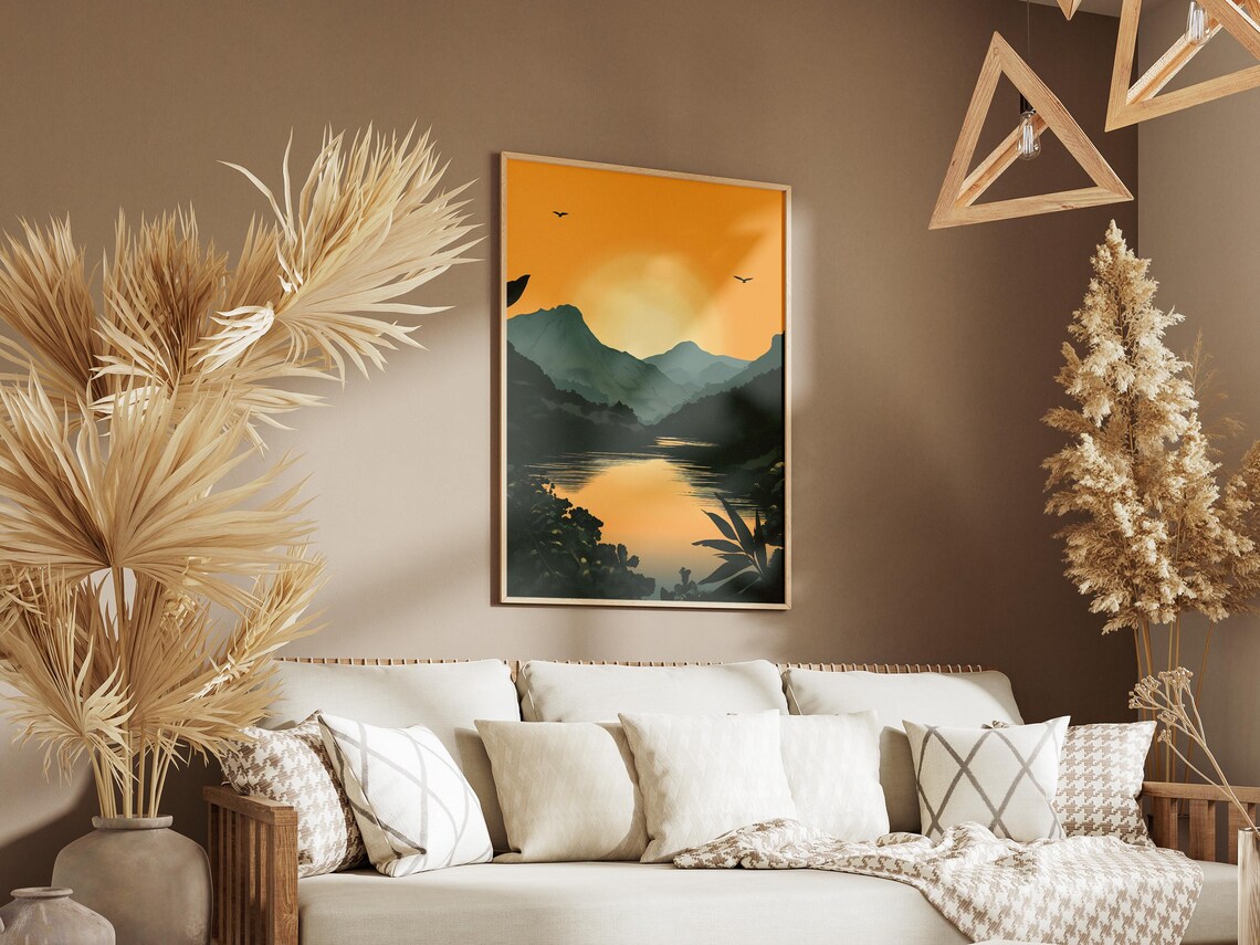 Golden Sunset Mountain Lake Silhouettes Birds Serene Nature Poster - Image 3