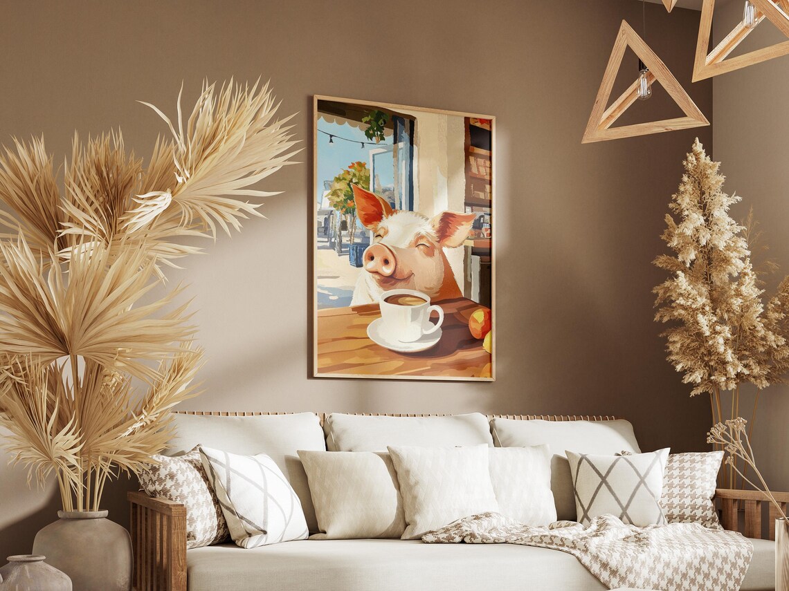 Happy Pig Drinking Coffee Sunny Outdoor Cafe Terrace Art Poster - Image 3