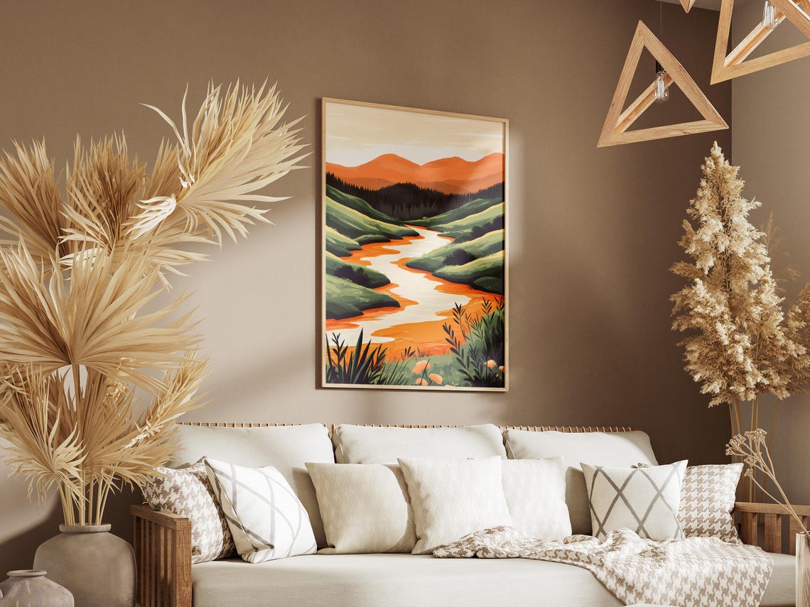 Winding Orange River Through Rolling Green Valley Sunset Poster - Image 3