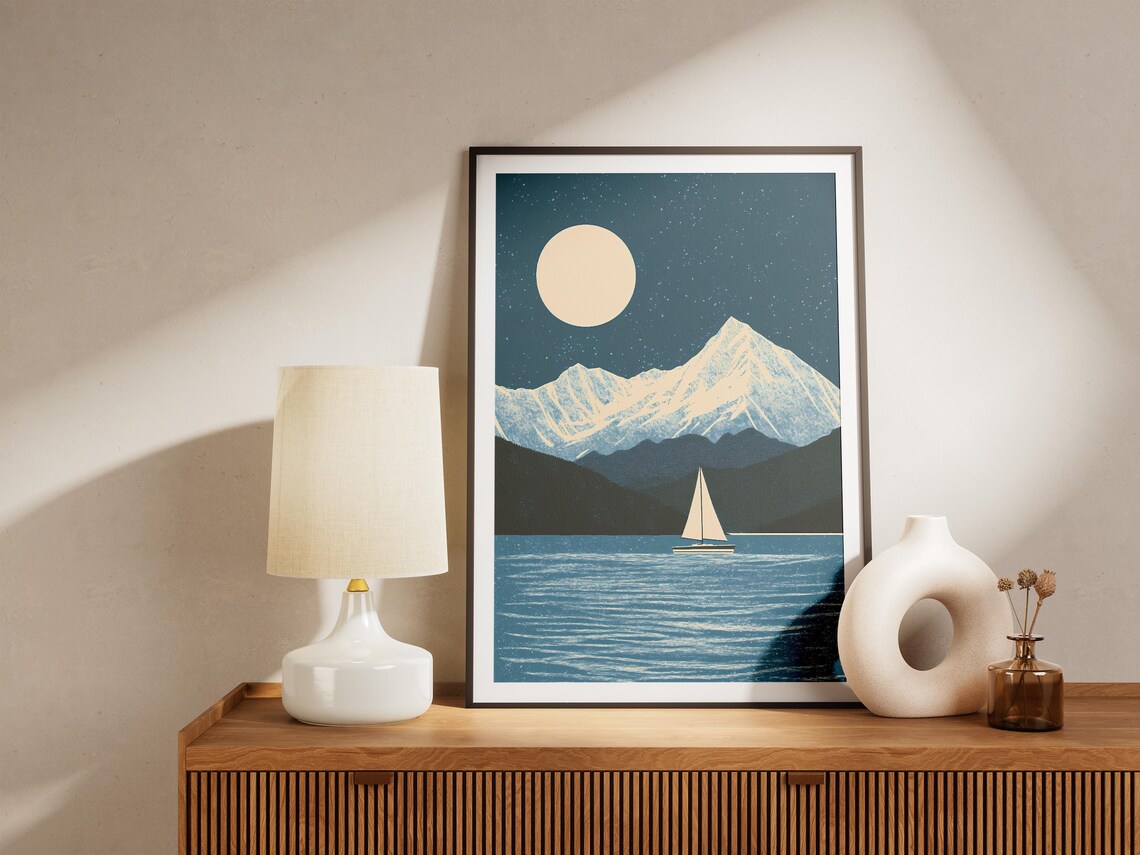 Kenai Fjords National Park Alaska Sailboat Moonlit Bay Mountain Art Poster - Image 4
