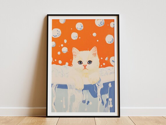 White Kitten in Foamy Blue Bubble Bath Funny Cat Lover Art Poster