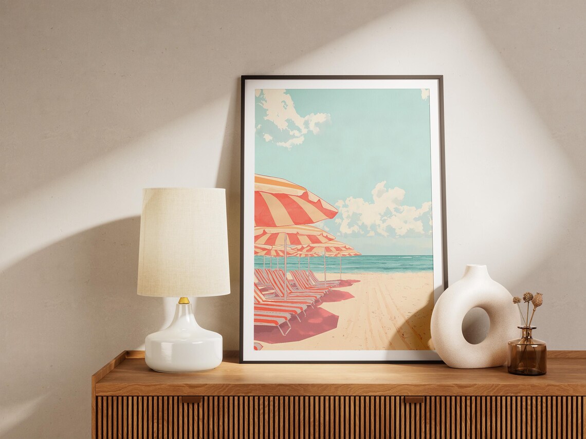 Striped Red Beach Umbrellas in a Row on a Sunny Shore Poster - Image 5