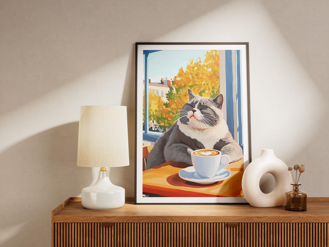 British Shorthair Cat Enjoying Latte at Autumn Cafe Window Poster - Image 4