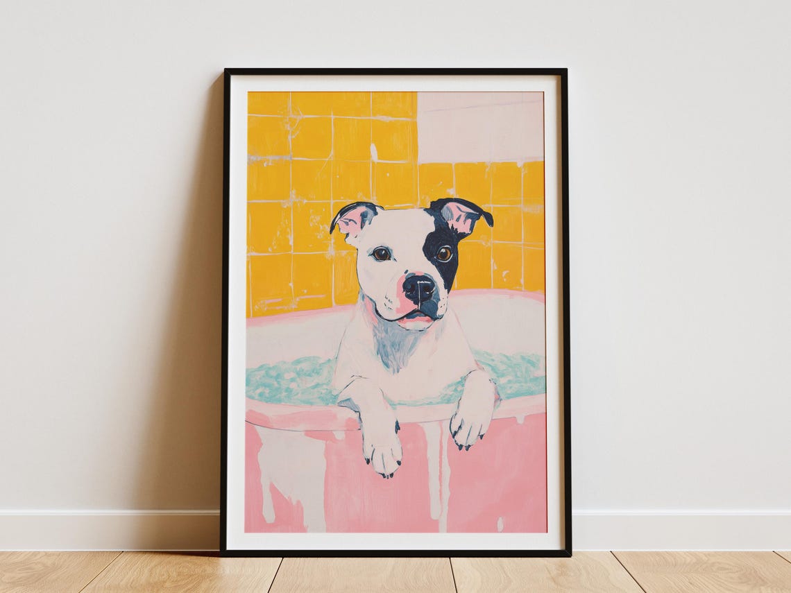 Staffy Puppy Bubble Bath Pink Tub Yellow Tile Bathroom Poster