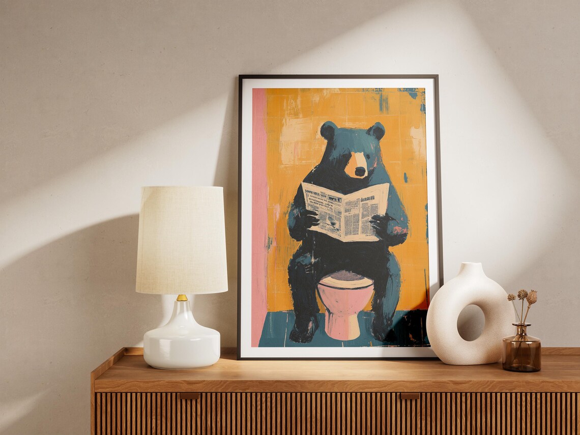 Humorous Bear On Toilet Reading Newspaper Art Print - Image 5