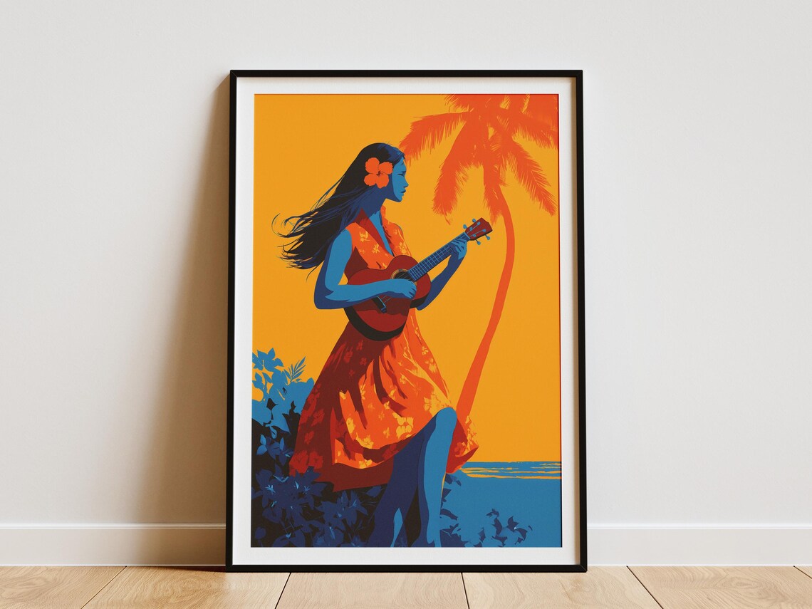 Hawaiian Girl Playing Ukulele Pop Art Palm Beach Decor Poster