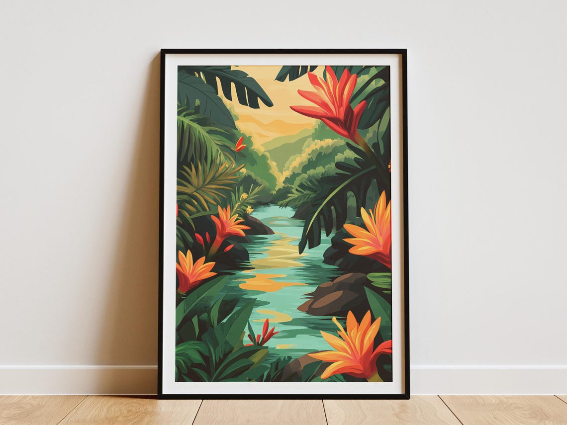 Tropical River Heliconia Jungle Blooms Exotic Landscape Poster