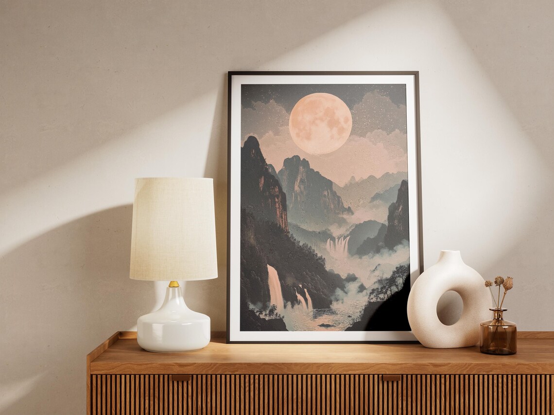 Jiuzhaigou Valley China Misty Waterfall Full Moon Mountain Poster - Image 4