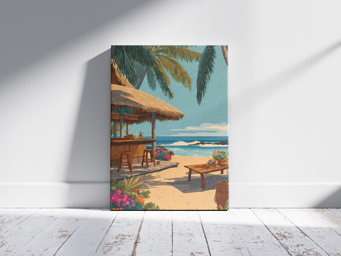 Beach Tiki Bar Palm Trees Tropical Island Vacation Coastal Poster - Image 2