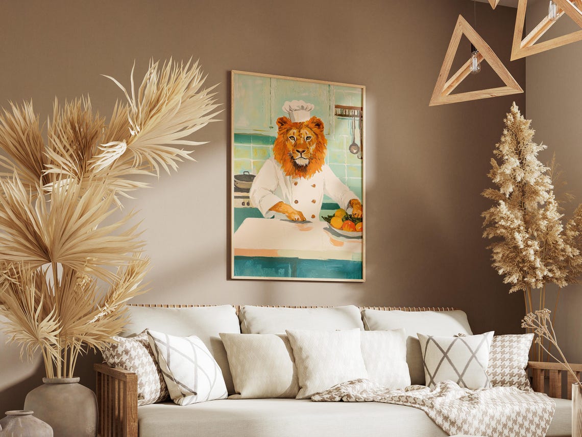Lion Chef Slicing Citrus In Mint Green Kitchen Painterly Poster - Image 3