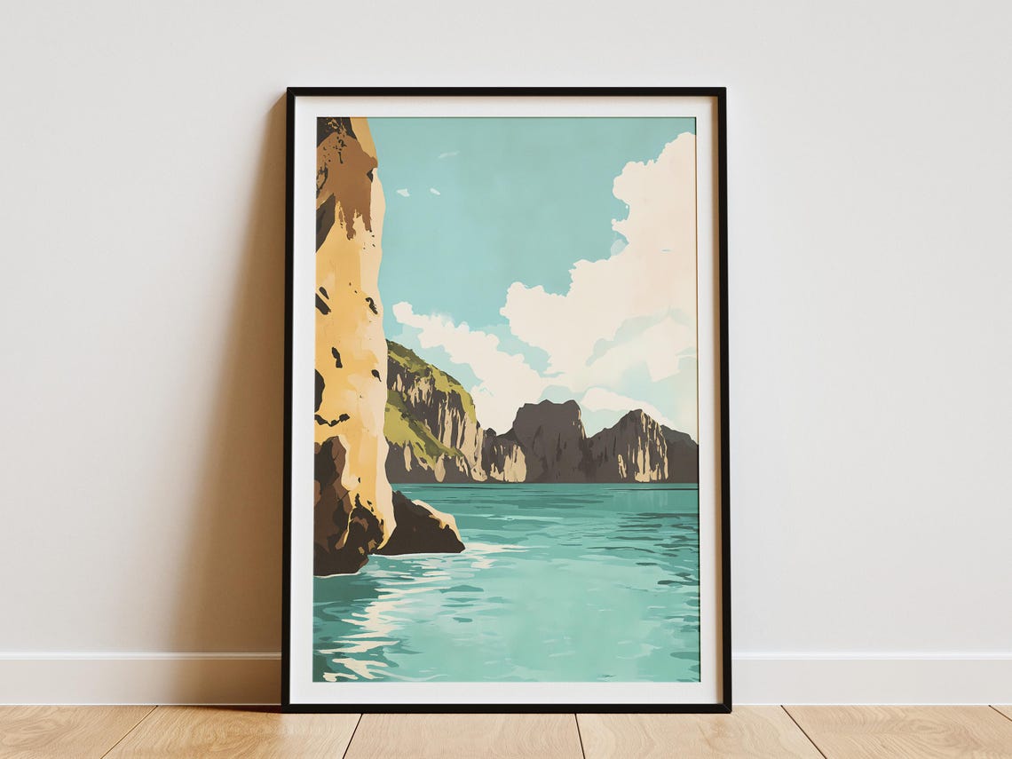 Turquoise Bay with Limestone Karst Cliffs Coastal Art Poster