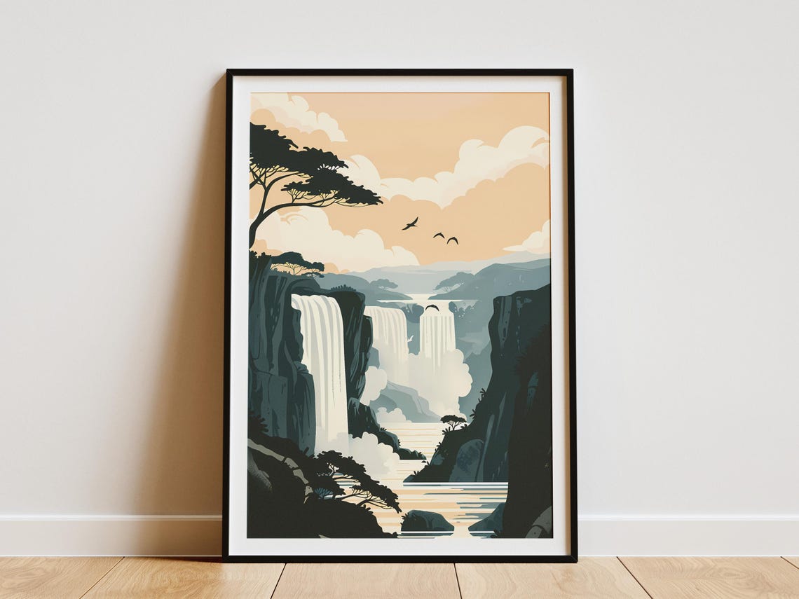 Victoria Falls Minimalist Waterfall Gorge Sunset Travel Poster