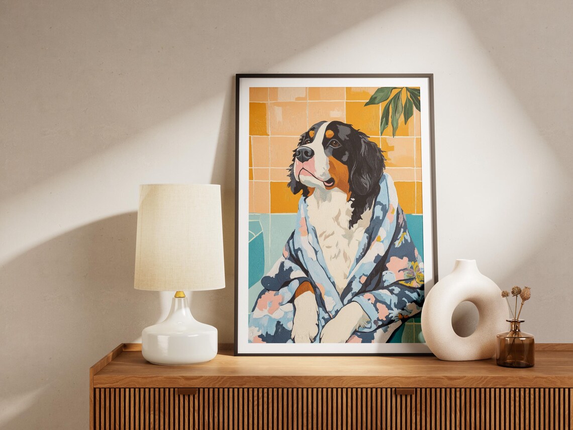 Bernese Mountain Dog Floral Bathrobe Cozy Bathroom Art Poster - Image 4