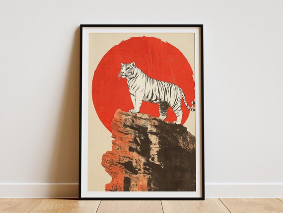 White Tiger Standing on Red Rock Before Giant Red Sun Art Poster