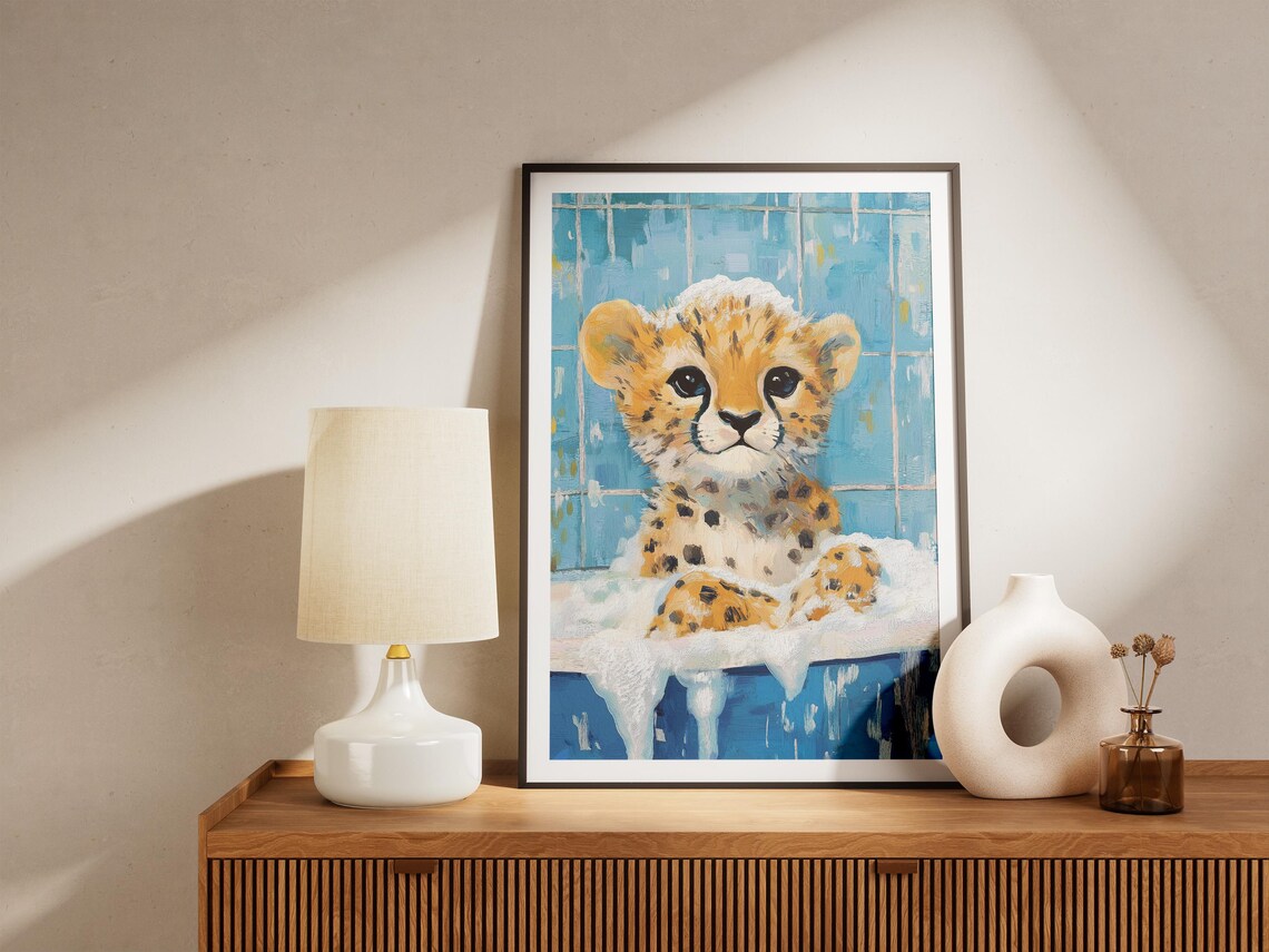 Wide-Eyed Baby Cheetah Cub Sitting in a Foamy Bubble Bath Poster - Image 5