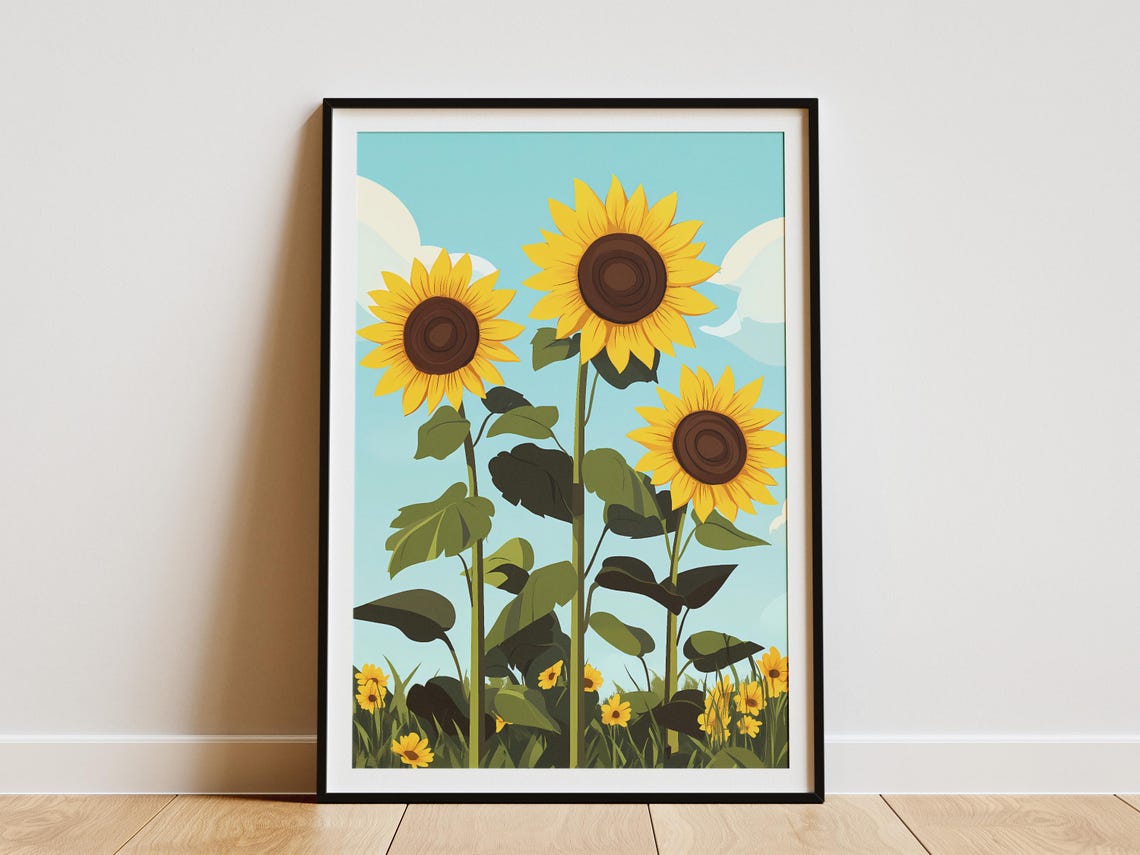 Three Tall Sunflowers Against a Bright Blue Sky Poster Summer Bloom