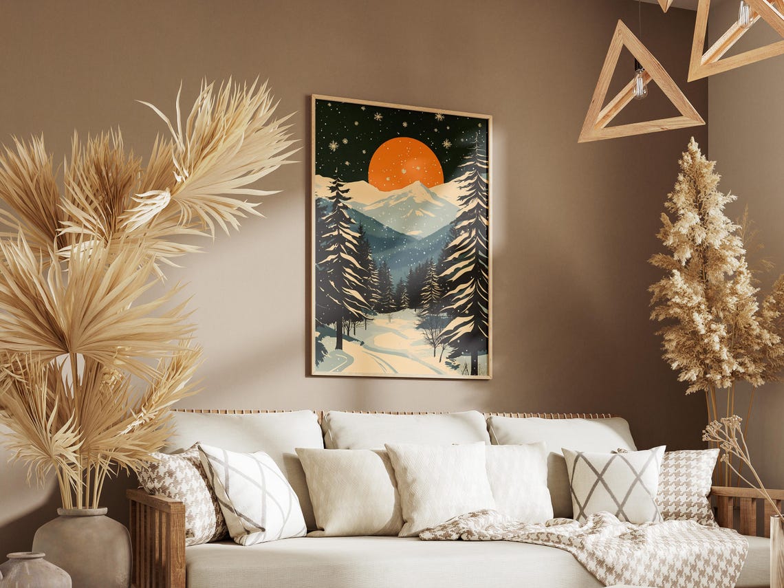 Snowy Pine Forest Under an Orange Moon in Falling Snow Poster - Image 3