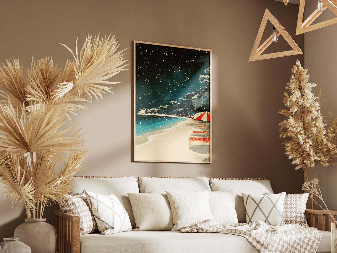Snowy Beach At Night Starry Sky Red Umbrella Chairs Winter Poster - Image 3