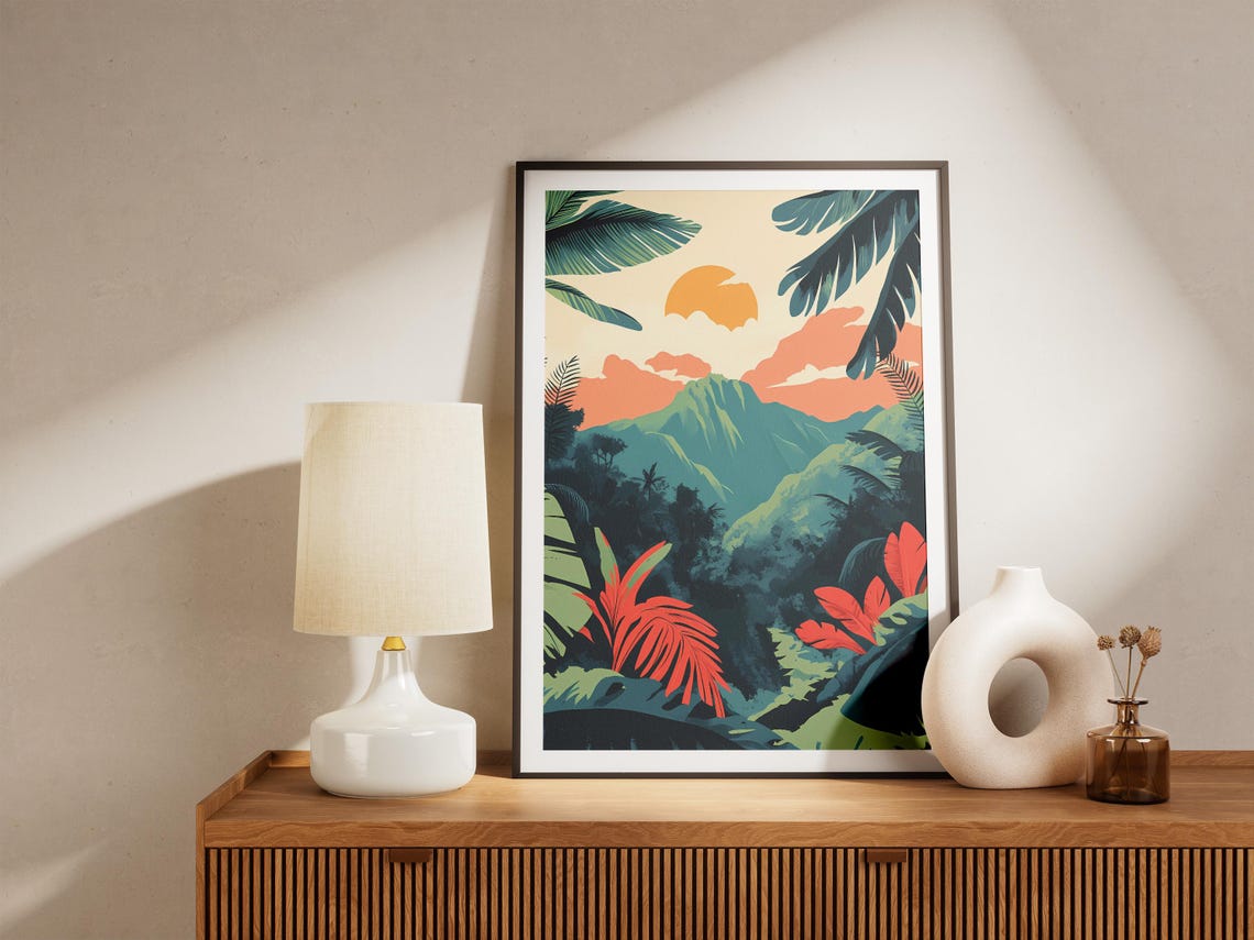 Tropical Jungle Valley With Mountain Under Orange Sun Poster - Image 5