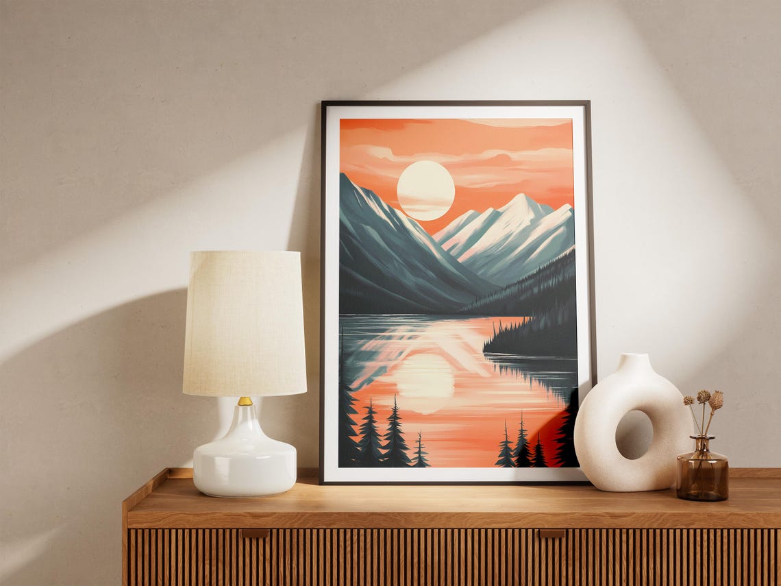 Fiery Orange Sunset Over Snowy Peaks Lake Reflection Scene Poster - Image 5