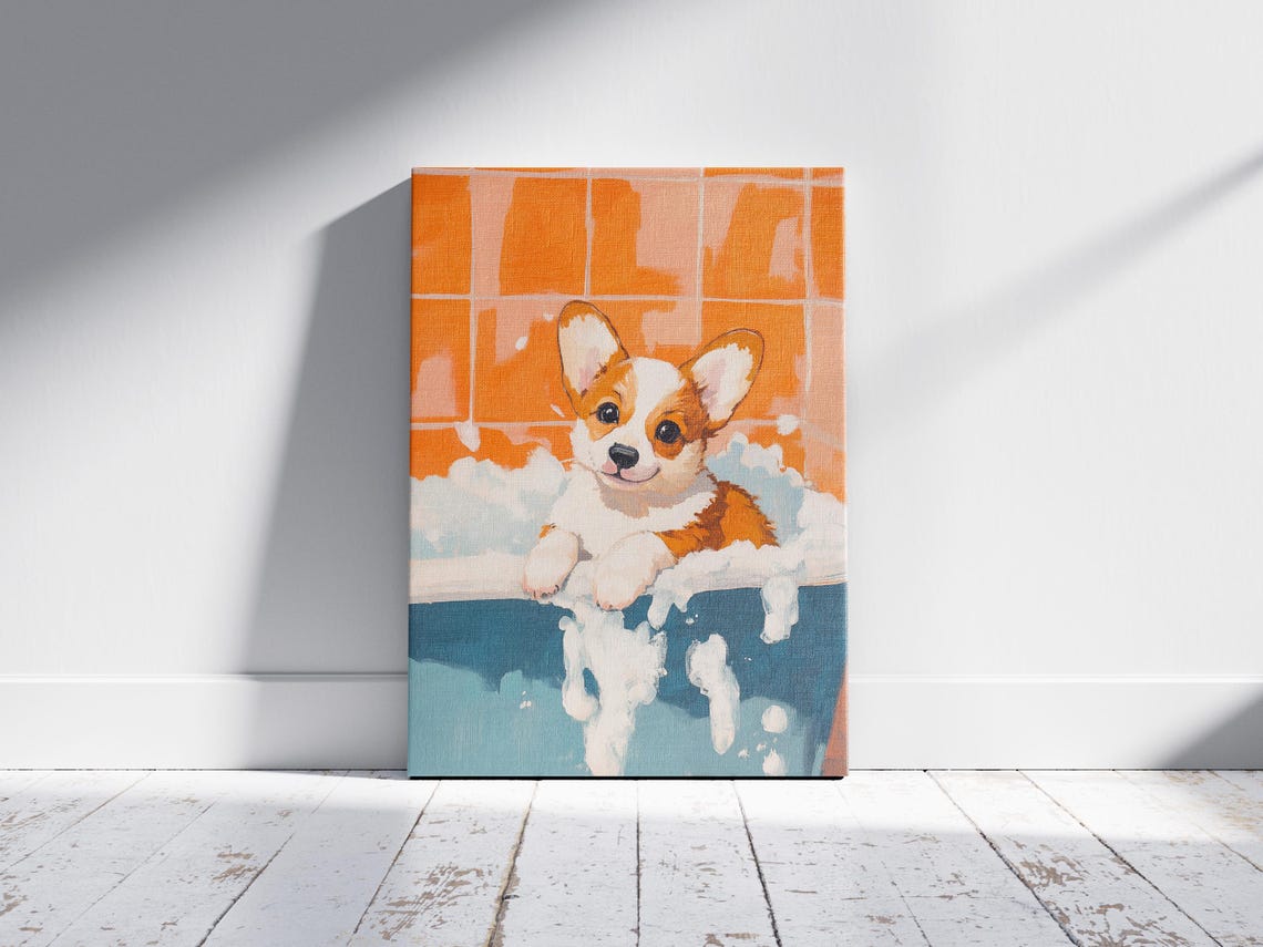 Corgi Puppy Bubble Bath Foamy Tub Orange Tile Bathroom Poster - Image 2